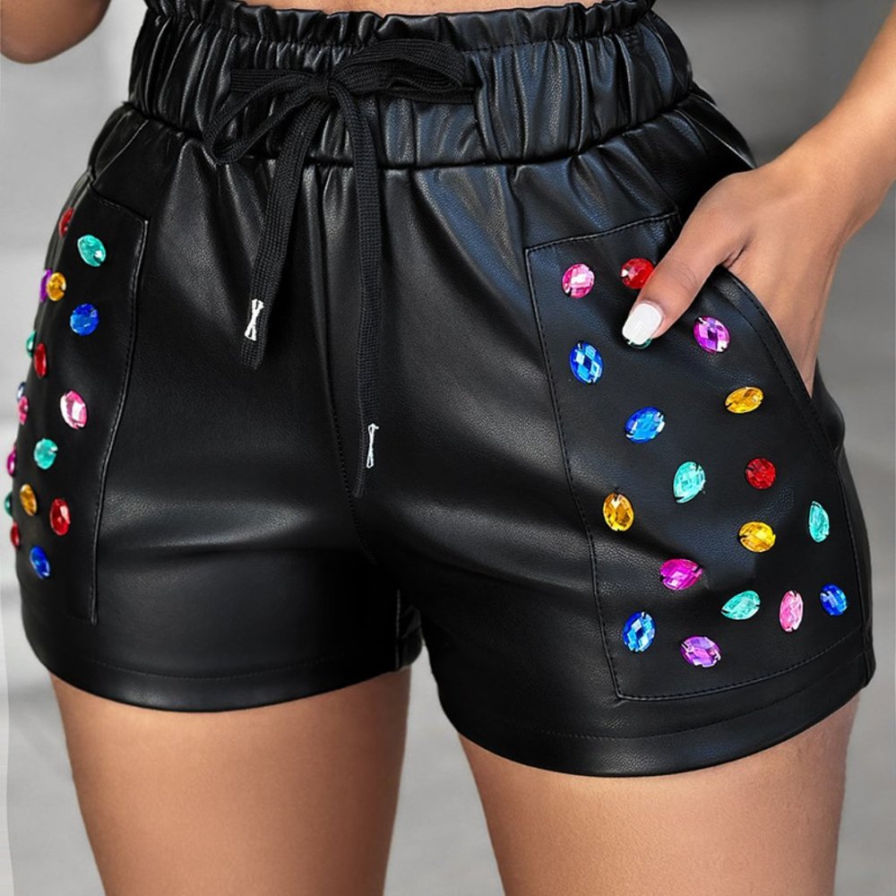 Women's Color Rhinestone Pu Shorts - Picture 6 of 7